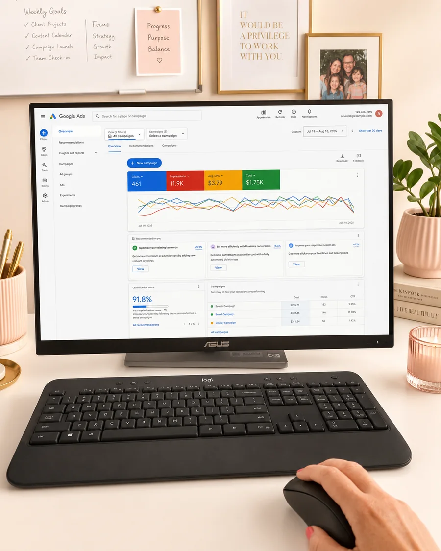 A Google Ads dashboard on a monitor at a bright desk, showing clicks, impressions, average cost per click and total spend