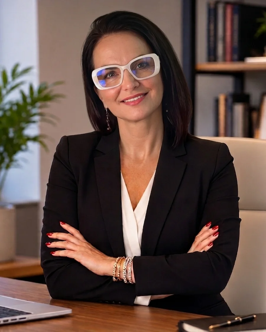 Maida White in a black blazer, arms crossed at a wooden desk with a laptop and bookshelves
