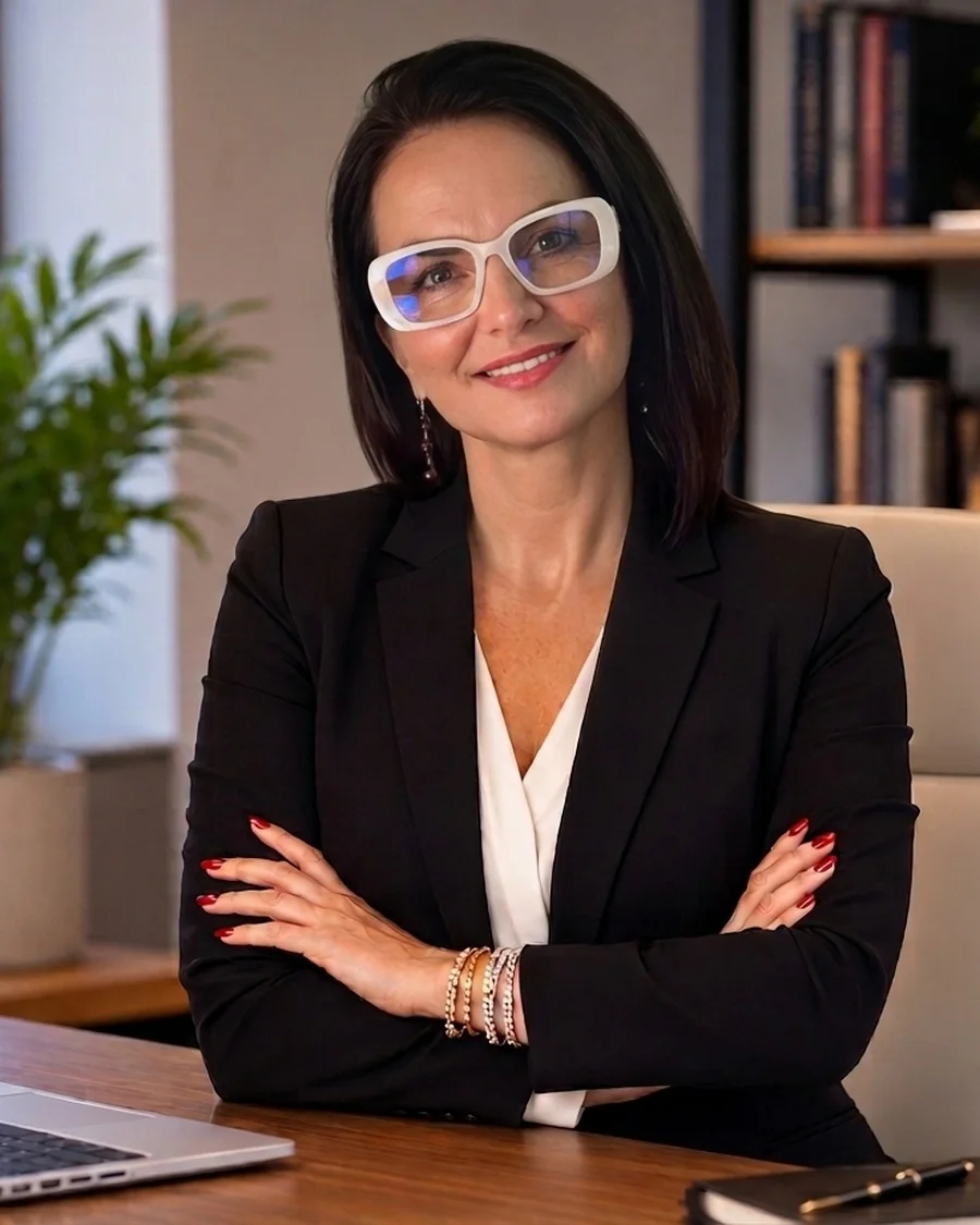 Maida White, founder of Bonbonica, at her desk with arms folded, in an office with bookshelves behind her