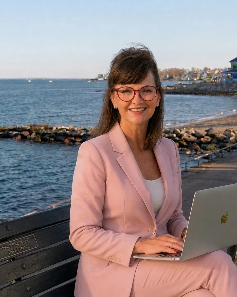 Maida White of Bonbonica working on a laptop on a bench by the water in Swampscott, Massachusetts, with the harbour and coastline behind her