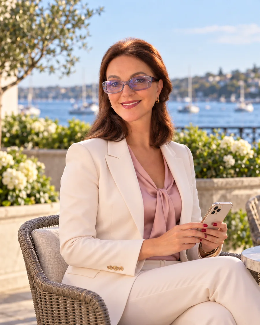 Maida White in a cream blazer seated at a waterfront terrace, holding a phone, sailboats behind her
