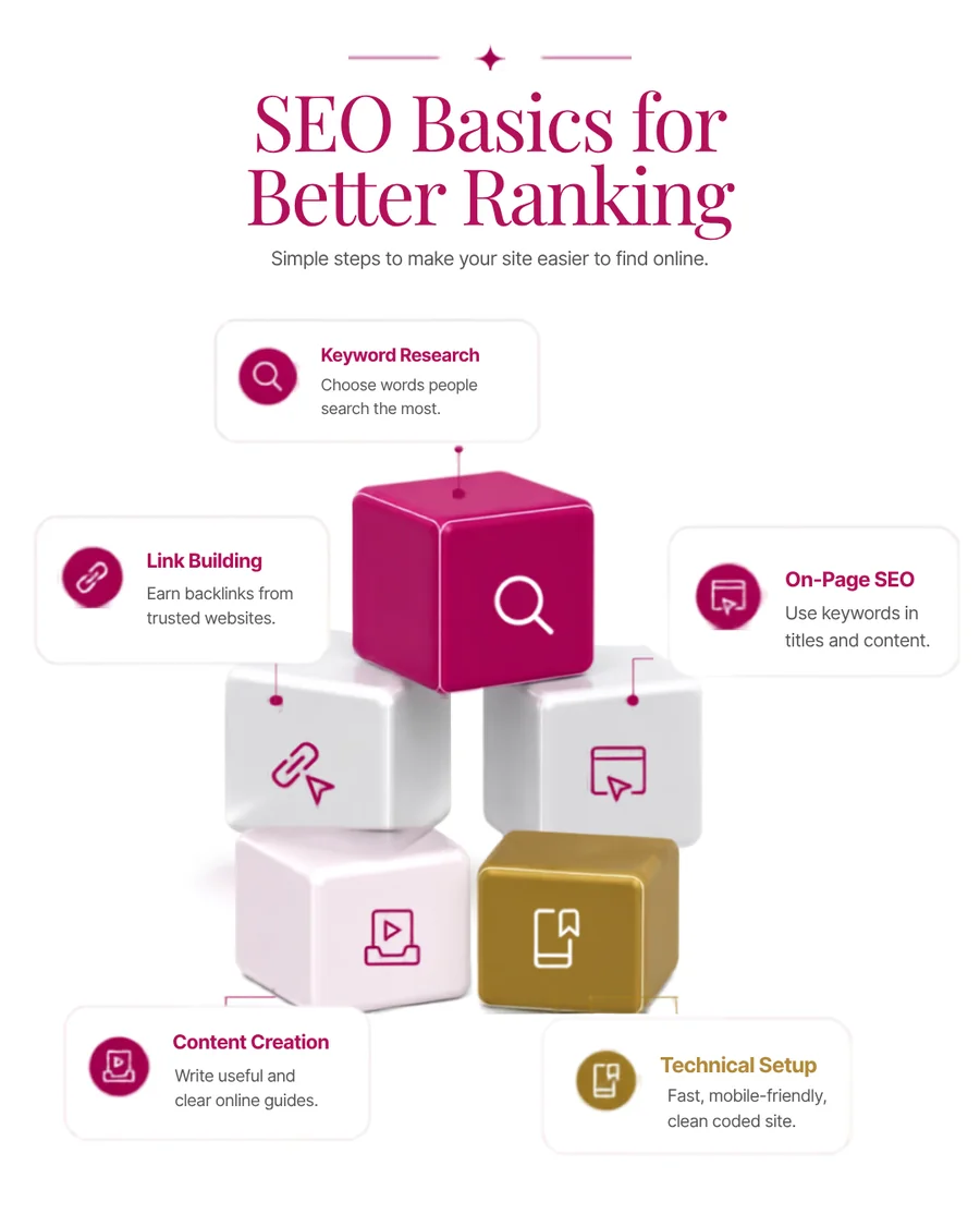 Diagram of five SEO fundamentals: keyword research, on-page SEO, link building, content creation and technical setup