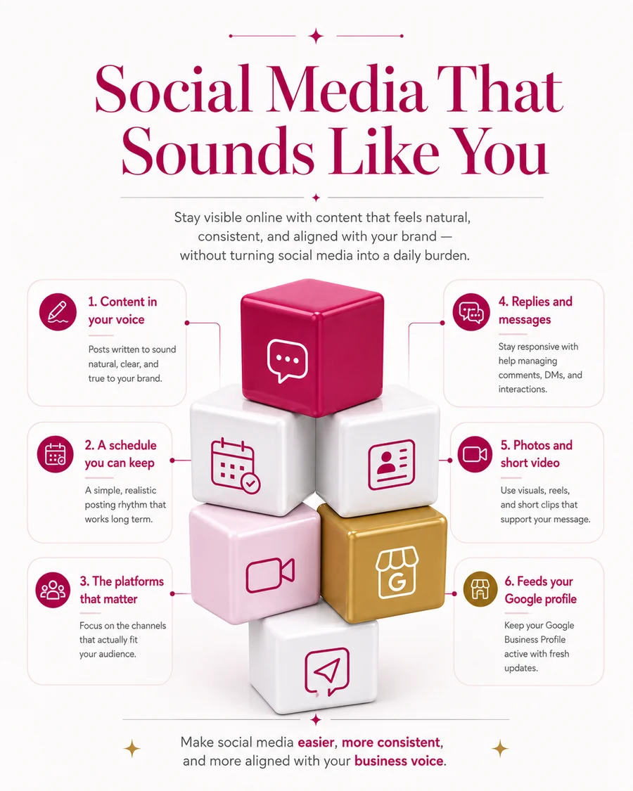 Diagram of six parts of social media management: content in your voice, a schedule you can keep, the right platforms, replies and messages, photos and short video, and feeding your Google profile