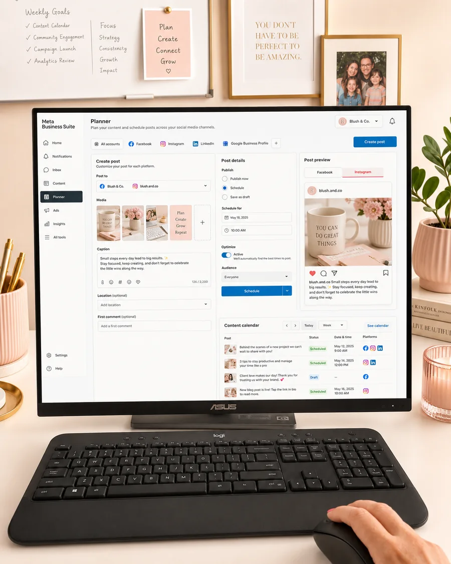 A social media planner open on a monitor, showing a post being scheduled across Facebook, Instagram, LinkedIn and Google Business Profile, with a content calendar below