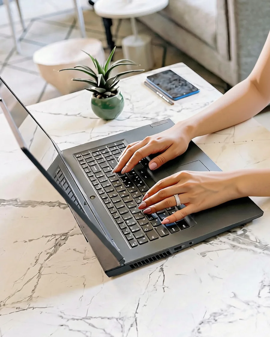 Hands typing on a laptop at a marble desk, with a small plant and a phone beside it